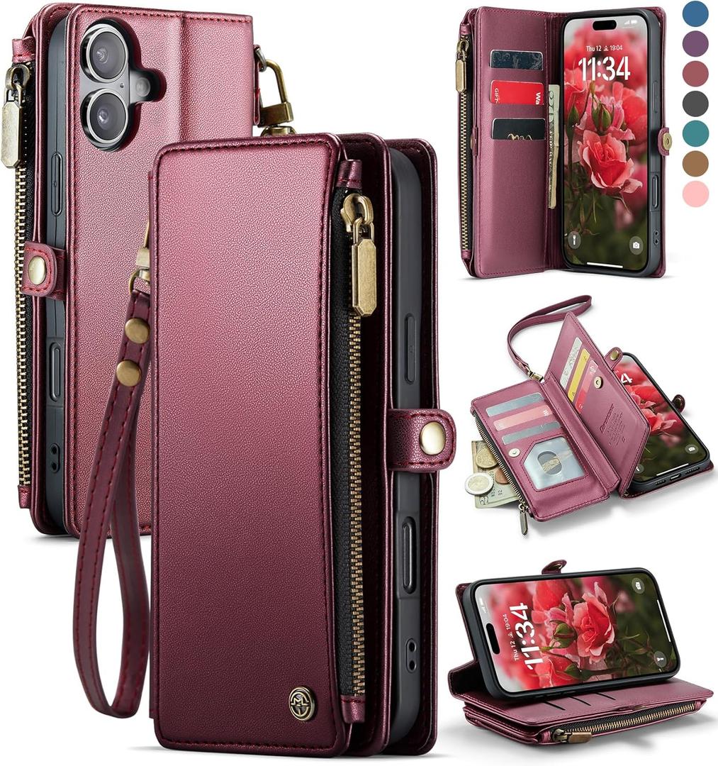 Defencase Compatible with iPhone 17 Case Wallet with RFID Blocking Card Holder for Women and Men, Fashion PU Leather Magnetic Snap Flip Zipper Strap Wallet Phone Case for iPhone 17 6.3", Wine Red