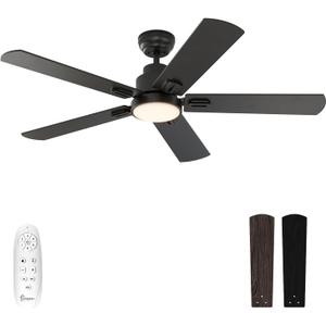warmiplanet 52 Inch Indoor Ceiling Fans with Lights and Remote Control, 6 Speeds Slient Reversible DC Motor, 3 Color Dimmable LED Light, Timer, Black, 5 Blades