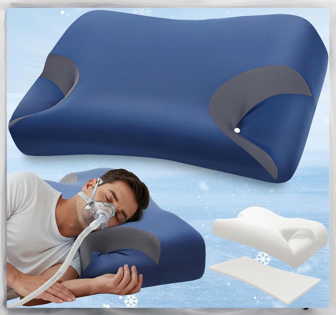 Adjustable CPAP Pillow for Side & Back Sleepers  Reduce Mask Air Leaks & Pressure, Cervical Memory Foam Neck Support with 2cm Removable Insert, Cooling Washable Cover  Fits Full Face & Nasal Masks (Large-25.2"L*14.9"W*(5.5"/4.7")H, Dark Blue)