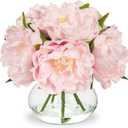 Hollyone Pink Peonies Artificial Flowers with Vase Faux Flowers Peony Fake Flowers Silk Flower Arrangements in Glass Vase with Faux Water for Home Decor Bathroom Table Centerpiece Shelf Decorations