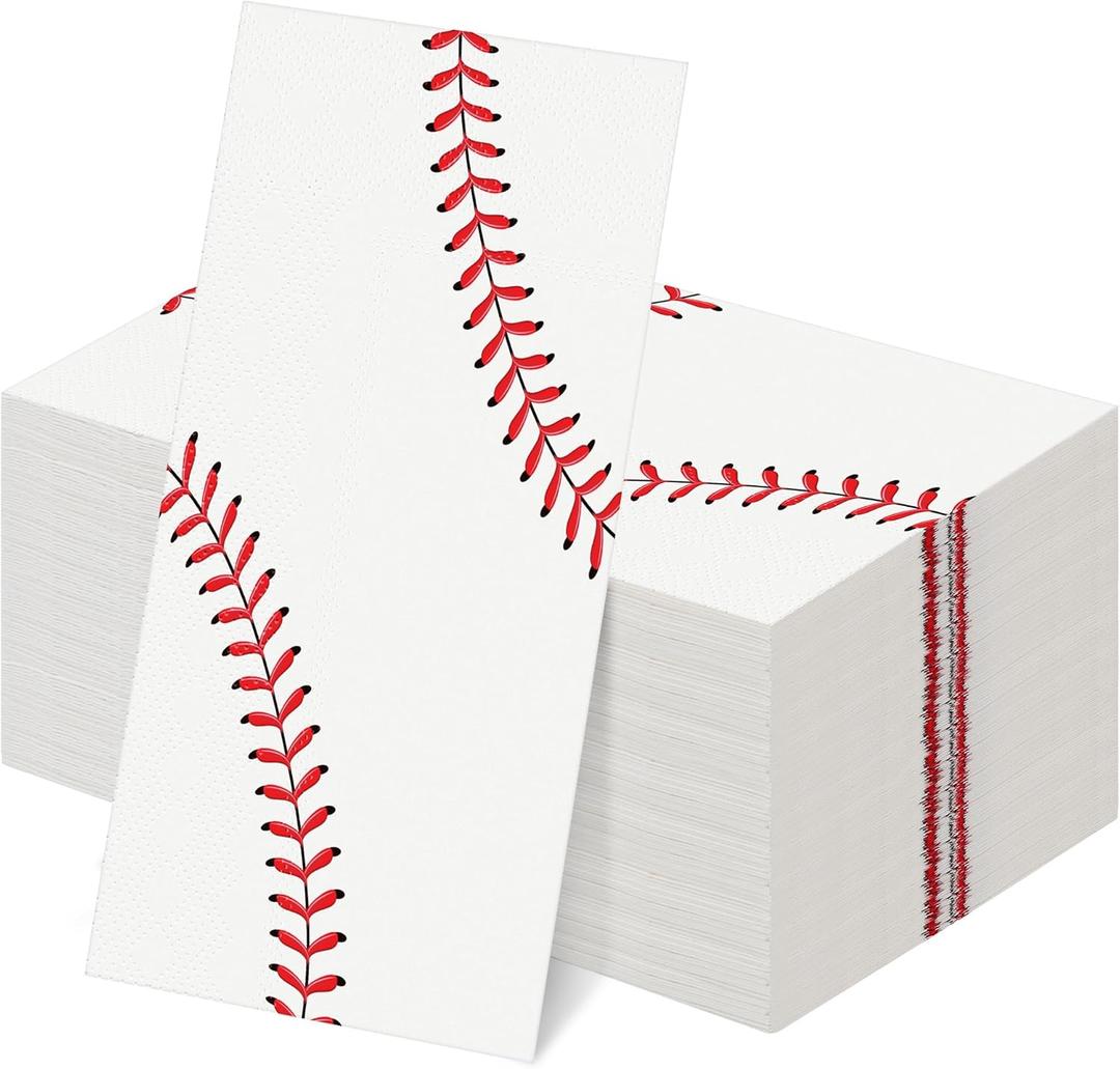 Kochorie 100 Pieces Baseball Napkins Disposable Baseball Party Napkins 7.8 x 4.3 Inches Baseball Paper Cocktail Napkins Baseball Birthday Supplies Decorations for Baseball Party Game Day Birthday