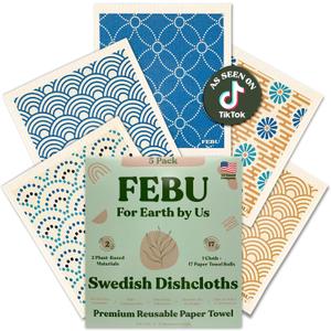 FEBU Swedish Dishcloths for Kitchen | 5 Pack Japanese Reusable Paper Towels Washable | Swedish Dish Towels | Non-Scratch Cellulose Sponge Cloths | No Odor, Biodegradable Cleaning Cloths