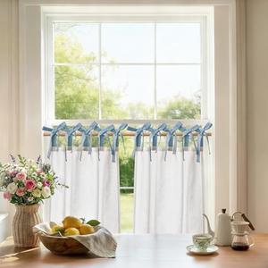 jinchan Linen Tie Top Curtains 24 Inch Length Farmhouse Cafe Curtains Set of 2 for Bedroom Bathroom Rustic Small Windows Light Filtering White Panels with Blue Ties