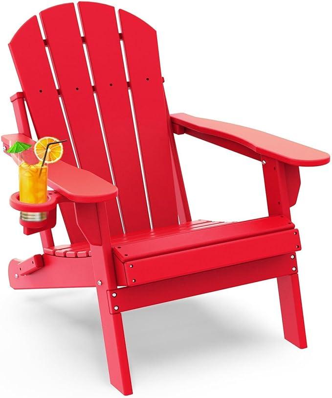 GREENVINES Folding-Adirondack-Chair | HDPE Plastic | Fire Pit Chairs | All Weather | Cup Holder | Red | for Deck Backyard Patio Outdoor Garden (RED)