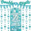 10th Birthday Decorations Garland Girls - 10 Pcs Pre-Strung Teal Blue Glitter Double 10 Digits Banners Circle Dot Star Hanging Garland Backdrop for Girl 10 Year Old Birthday Party Supplies