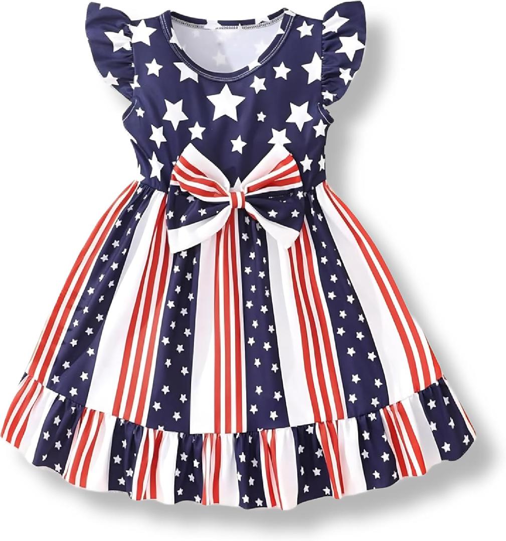 Girls 4th of July Dress Toddler Patriotic American Flag Outfit with Flutter Sleeves Red White Blue Skirt (2-3T)