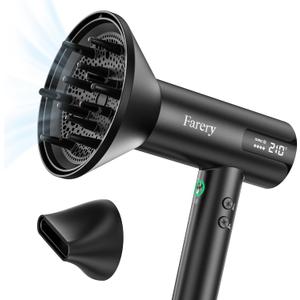 Farery Ionic Hair Dryer - Honeycomb Diffuser for Curly Hair & Even Lift, 1400W & 110,000 RPM for Ultra-Fast Drying, Frizz Control, 4 Heat & 4 Speed Settings, Magnetic Nozzle, HD Display