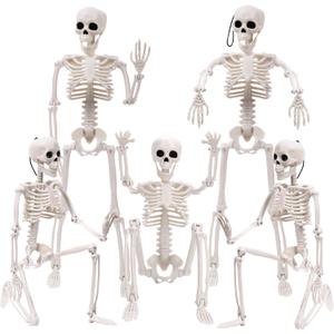 XIMISHOP 5 pcs Halloween Skeleton Decoration, 16" Full Body Posable Hanging Skeleton with Movable Joints for Graveyard Haunted House Indoor Outdoor, White