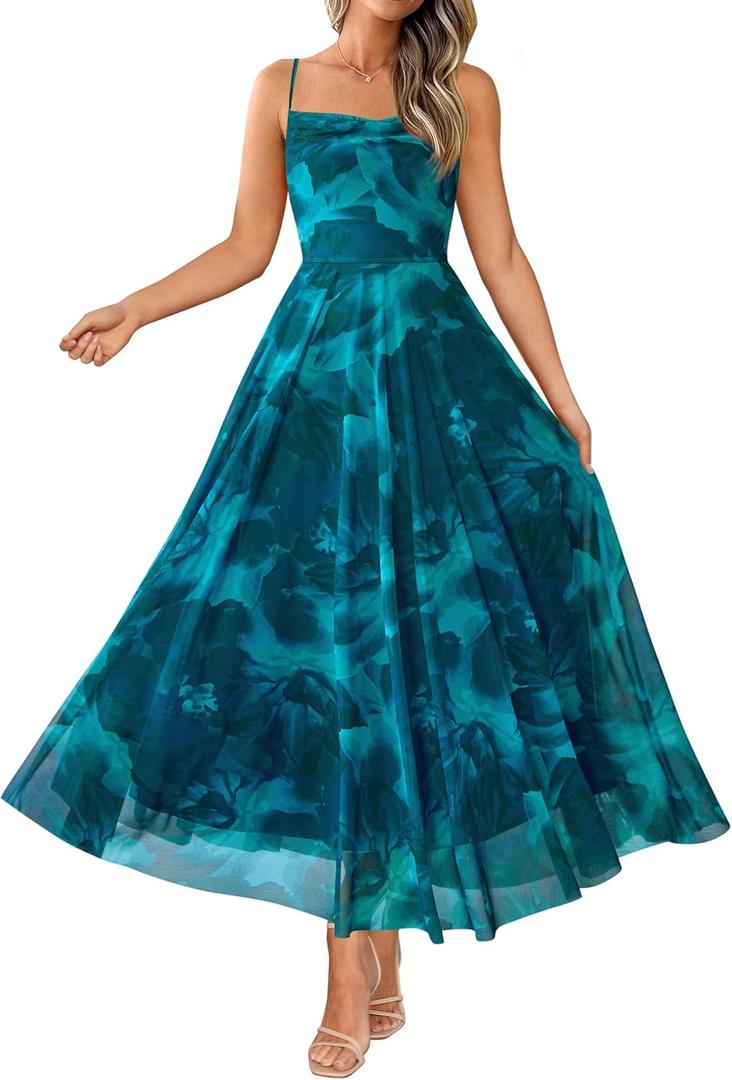 BTFBM Women Summer Floral Maxi Dresses Elegant Spaghetti Strap Dress Printed Party Dress Beach Long Dresses (Medium, Floral Blue Green)
