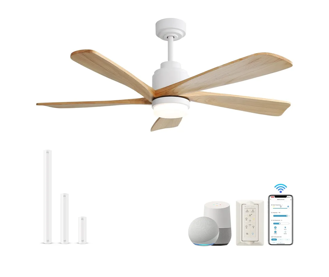 Sofucor Smart Ceiling Fan with Lights, 52 Inch Mordern Wood Ceiling Fan Working with Alexa/Google/App, for Indoor Farmhouse Bedroom Living Room Outdoor Patio Porch, Reversible DC Motor