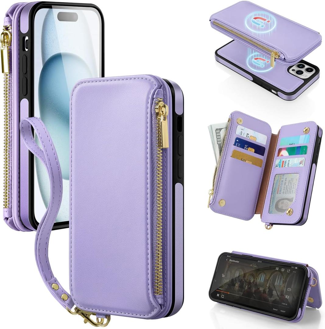 Antsturdy 2 in 1 Detachable for iPhone 15 Pro Wallet case with Magsafe,RFID Blocking Magnetic Wireless Charging PU Leather Phone case Flip Folio Cover Card Holder Wrist Strap Women Men,Light Purple