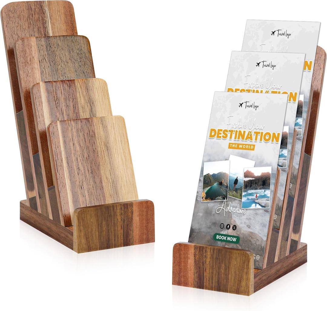 HKSZEH 2 Pack Acacia Wood 4 Inch Wide pamphlet holder stand 4Tier Flyer Display Stand 4×6 Inch Postcard Greeting Card Countertop Trifold Literature Holder Booklet Menu Organizer For Office Home
