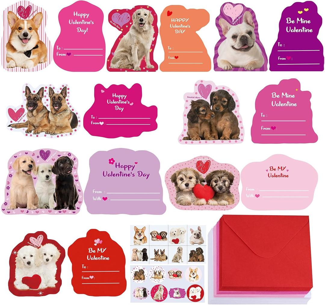 Winlyn 48 Sets Assorted Dogs Valentine's Day Cards Scratch & Sniff Strawberry Scented Valentine Cards Cute Pet Love Cards with Envelopes Stickers Tattoos for Kids Party Favor Classroom Gift Exchange