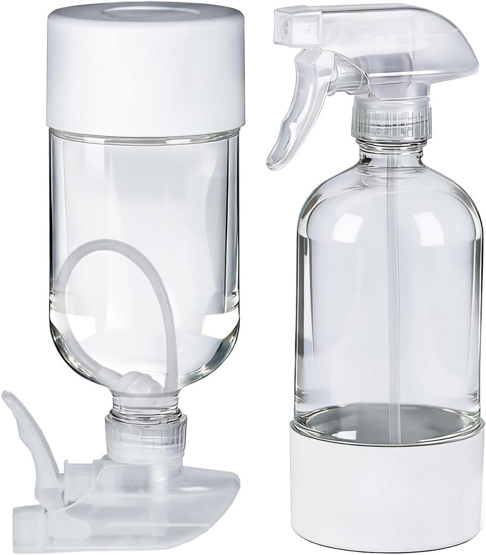 2 Pack 360 Glass Spray Bottles with Silicone Sleeve, 16 oz Empty Refillable Containers with Adjustable Spray Nozzles, Spray Bottles for Hair, Cleaning Solutions and Plants White