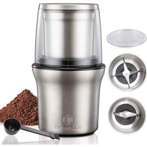 DR MILLS DM-7412M Stainless Steel Electric Dried Spice and Coffee Grinder,2 in 1 Wet and Dry, Removable Cups, Dishwasher Safe