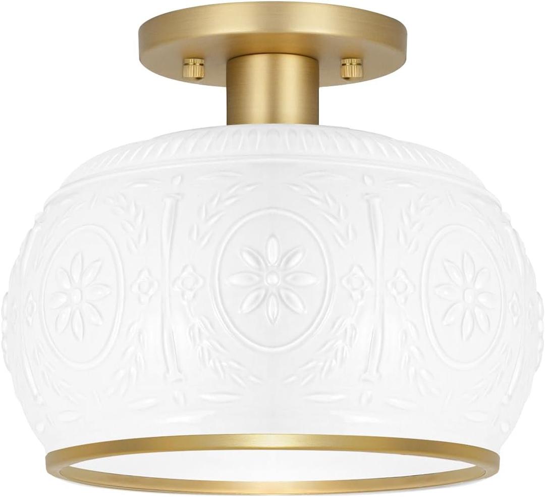 Brushed Brass Semi Flush Mount Ceiling Light with Clear Globe Glass, Modern Hallway Lighting Fixtures, Vintage Ceiling Light for Kitchen, Bedroom, Closet, Entryway, Porch (7.68in-ceiling, Gold+Milky)