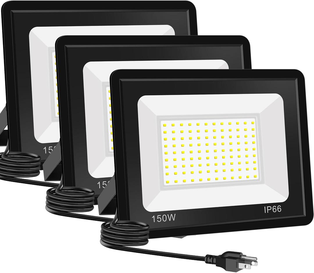 3 Pack 150W LED Flood Light, 19,500LM High Brightness Security Lighting, IP66 Waterproof Outdoor Flood Lights with Plug, 5000K Daylight White Floodlight for Yard, Workshop, Driveway