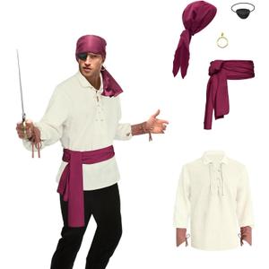 5Pcs Mens Pirate Costume Set, Renaissance Pirate Shirt, Victorian Gothic Shirt Medieval Viking Costume Cosplay (Small, Beige)