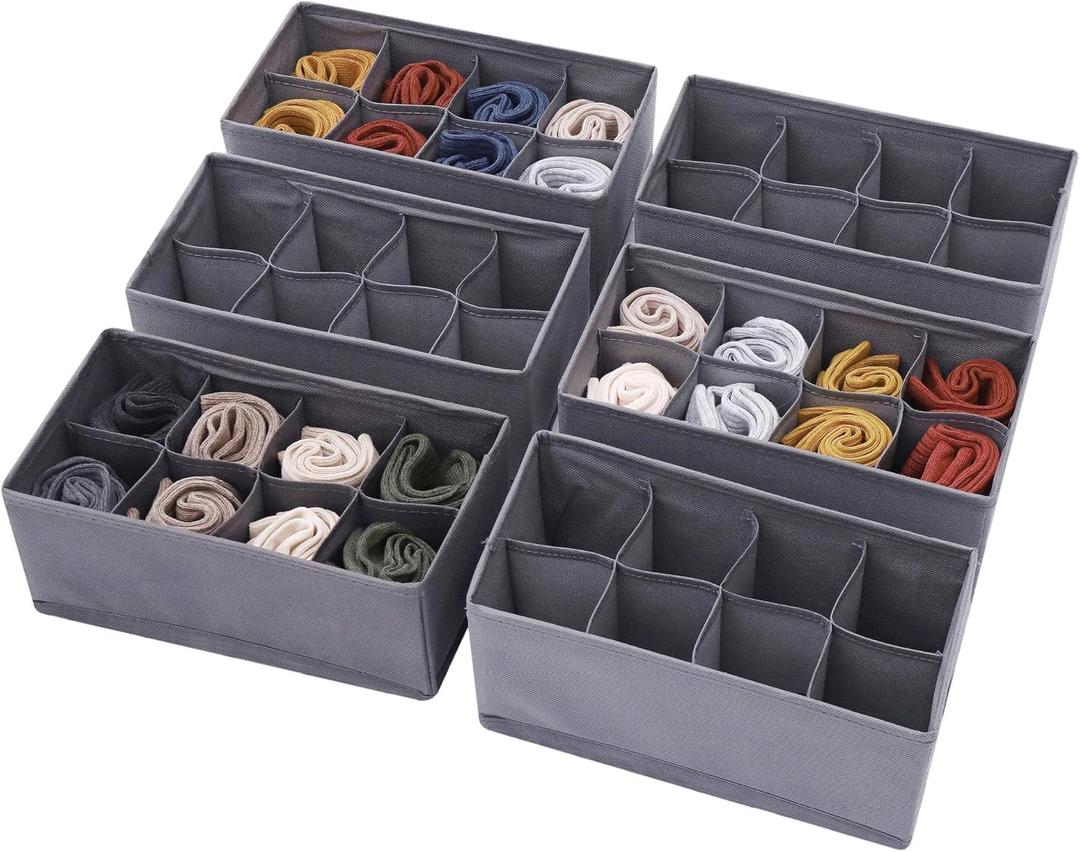 DIOMMELL 6 Pack Foldable Cloth Storage Box Closet Dresser Drawer Organizer Fabric Baskets Bins Containers Divider for Clothes Underwear Socks Lingerie Clothing, M Grey 00-0600