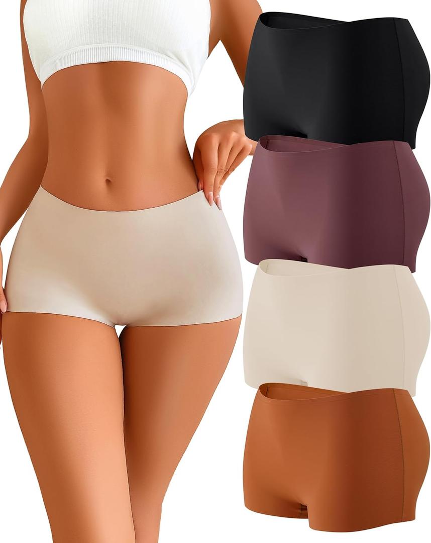 CUTE BYTE Womens Seamless Boy Shorts Underwear Soft Stretch No Show Boxer Shorts Briefs Panties for Ladies 4 Packs (Small, Black/Nude/Mocha Gray/Brick Yellow)