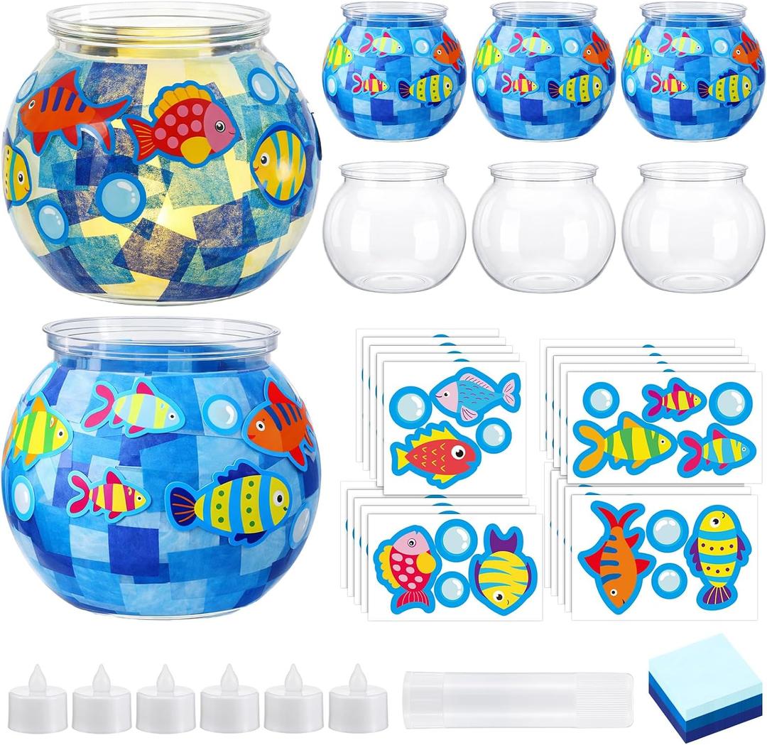 Simgoing 6 Sets Fishbowl Crafts Summer Plastic Fish Bowl Tissue Paper Crafts with LED Candle Light DIY Under The Sea Ocean Animals Decoration for Party Summer Home Activities