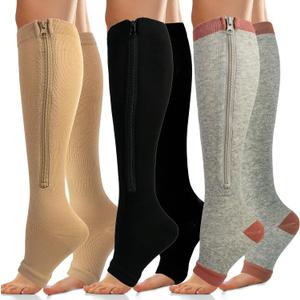3 Pairs 15-19mmHg Zipper Compression Socks for Women and Man,Open Toe Compression Socks with Zipper for Sports, Travel, Pregnant and office Workers (S-M)