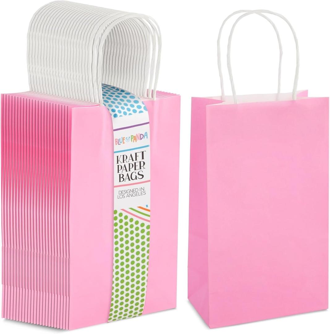 BLUE PANDA 25-Pack Pink Gift Bags with Handles - Small Paper Treat Bags for Birthday, Wedding, Retail (5.3x3.2x9 In)