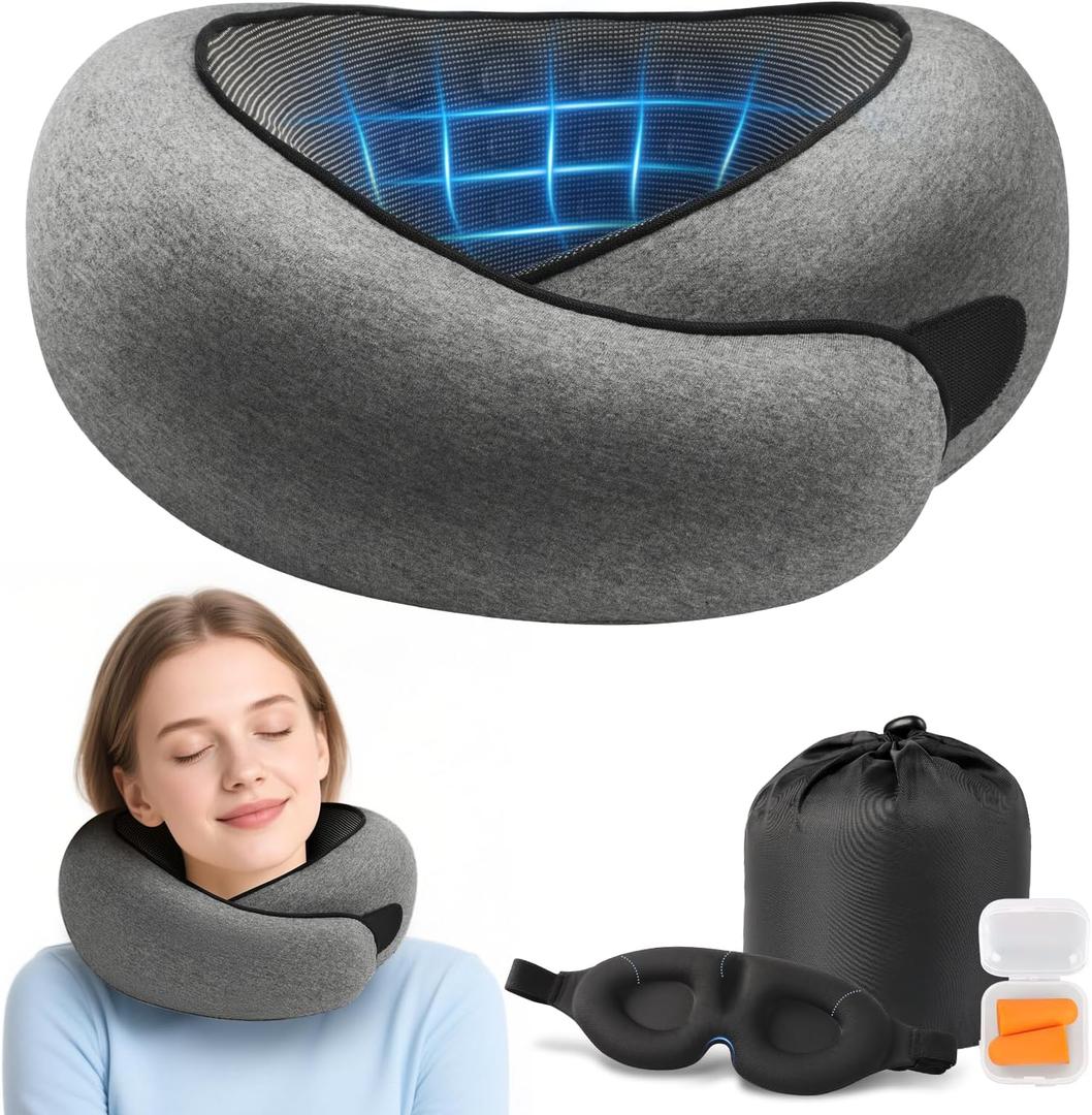 Advanced Memory Foam Neck Travel Pillow, Neck Pillow Airplane with Eye Mask & Ear Plugs, Designed for The Comfort of Travel & Office, Travel Pillow for Plane, Car, Home, Work, Dark Grey