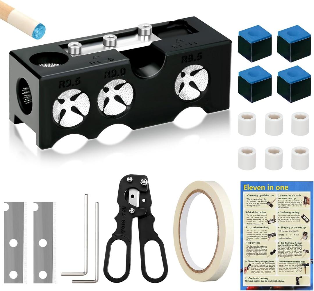 11-in-1 Pool Cue Tip Shaper, 18 PCS Pool Cue Tips Replacement Kit, Billiards Pool Accessories Pool Cue Repair Kit, Pool Cue Tip Tool for Replacement and Shaping Cue Tips