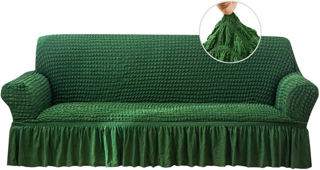Qubjus Stretch Sofa Slipcover Couch Sofa Covers Washable Sofa Bed Cover Easy Fit Furniture Protector with Elastic Bottom and Skirt (Dark Green, Large)