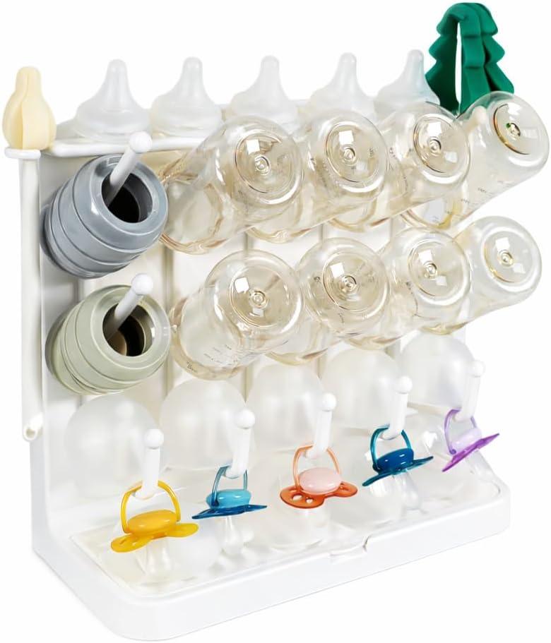 LUNELL Baby Bottle Drying Rack with 20 Hooks and Drip Tray, Large Space Saving Vertical Dryer Holder for Countertop, Storage Organizer for Pump Parts, Pacifiers, with Brush Holder, Ivory White