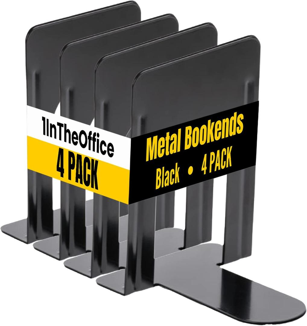1InTheOffice Black Metal Bookends, 4/Pack - 8 1/4" x 5 7/8" x 9" Heavy Duty