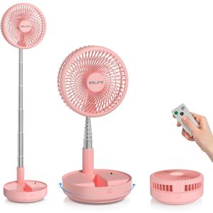 Belife X8 Portable Fan, 7200mAh Battery Powered Rechargeable, Oscillating USB Desk Floor Fan with Remote, Foldable Telescopic Fan for Home Bedroom Sleeping Office Camping Travel, 7.7" (Pink)