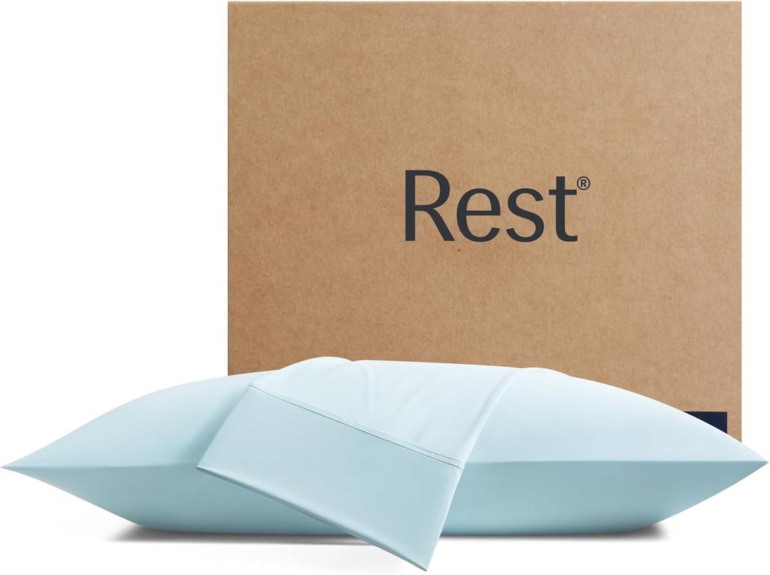 REST Evercool+ Cooling Pillow Cases Standard - 2 Pillowcase for Sensitive Skin, Silver Infused Fabric for Hygienic Sleep, Silky Smooth for Curly Hair, High Elastic for Snug Fit (19x29 inches) (Light Blue)