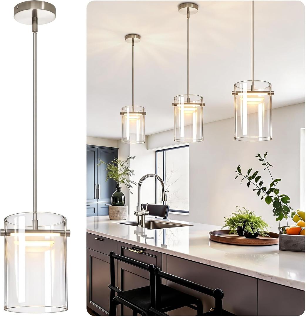 10 Inch Brushed Nickel Island Pendant Light, Large Glass Pendant Lighting, 10.2"
