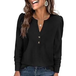 ANRABESS Women's Long Sleeve Henley Tops Waffle Knit Tunics Shirts Dressy Casual Blouses Cute T-Shirts 2025 Fall Outfit black Medium