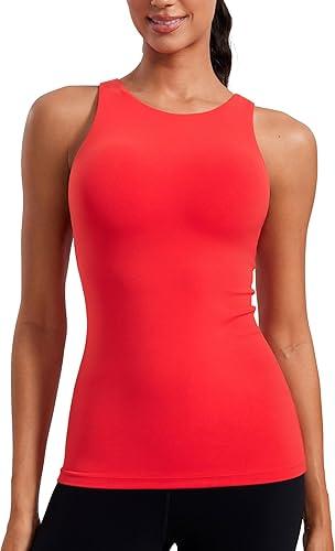 CRZ YOGA Butterluxe Womens Racerback High Neck Tank Top - with Built in Bra Workout Padded Yoga Athletic Camisole (Medium, Deep Red)