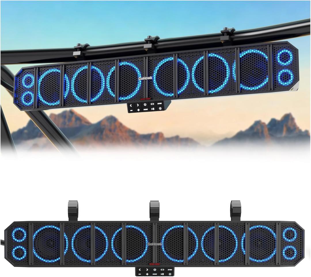 GoHawk UTV Sound Bar | Waterproof 10-Speaker ATV Soundbar | Bluetooth & Multicolor Lights | 35-Inch SxS Speakers | Radio Amplified Soundbar for Polaris RZR, Can-Am Golf Cart, Marine w/FM Radio