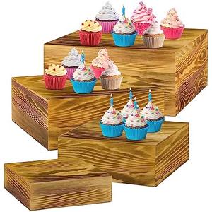 Roowest Set of 4 Wood Display Risers Rustic Cupcake Stand Rustic Wood Cake Stands Wooden Stackable Display Box for Dessert Wedding Birthday Christmas Village Party Decoration(Rustic Brown)