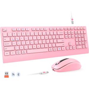 MEETION Wireless Keyboard and Mouse, 2.4 GHz Wireless/Bluetooth, Multi Device Full Size Slim Rechargeable Keyboard, 3800 DPI Optical Mouse, for Windows/Mac, Laptop Computer Desktop iPad Phone, Pink (Pink New Upgrade)