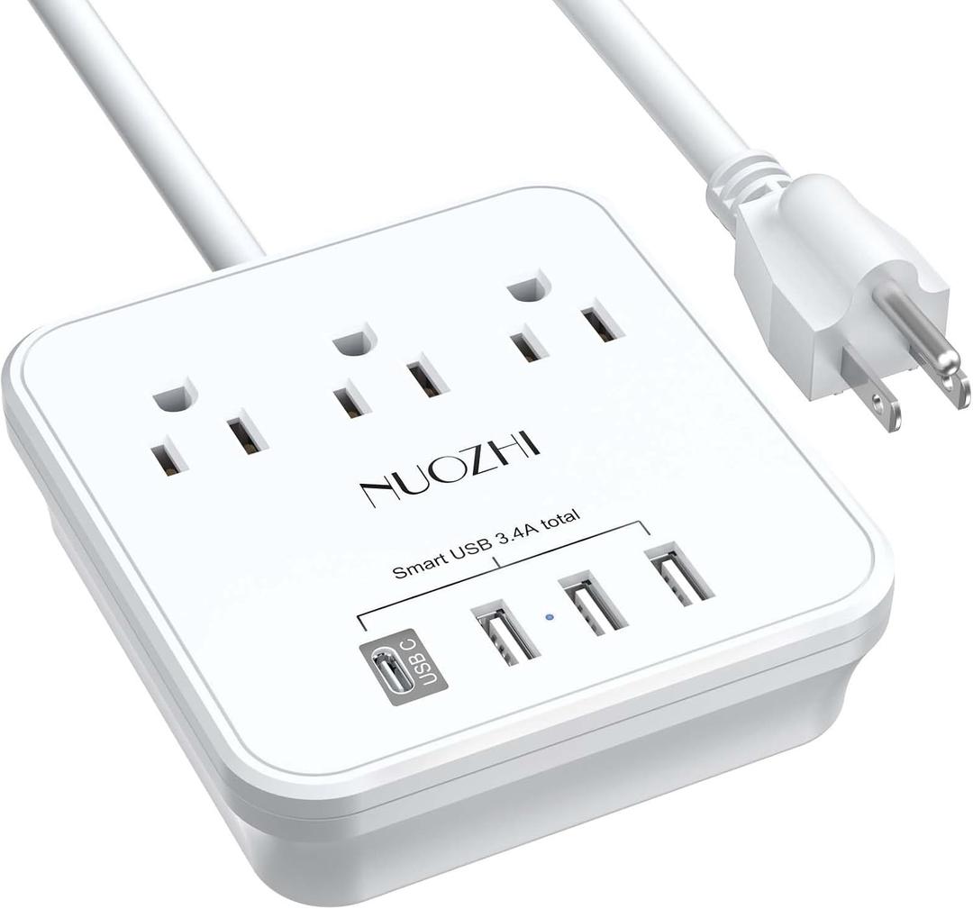 Cruise Essentials, NUOZHI 6 Ft Power Strip with 3 Outlets and 4 USB Ports(1 USB C), Non Surge Protector for Cruise Ship, Travel, Home Office, ETL Listed, White