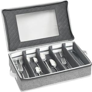 Flatware Storage Box, Silverware Utensil Storage Case Organizer, Tableware Cutlery Storage Container with Cover/ Lid and Adjustable Compartments for Tableware Organization (Grey)
