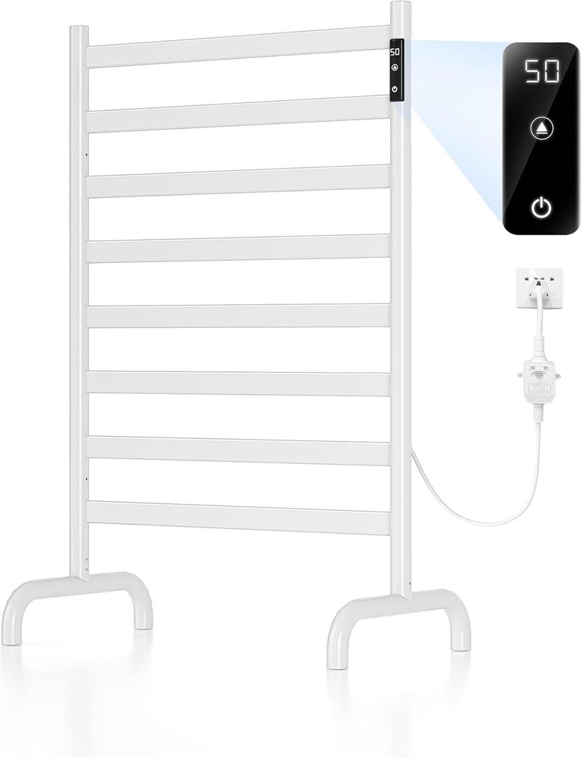 Towel Warmer Rack with Timer and Temperature Control, 8 Bars, Freestanding, Electric Heated, Overheat Protection (White)