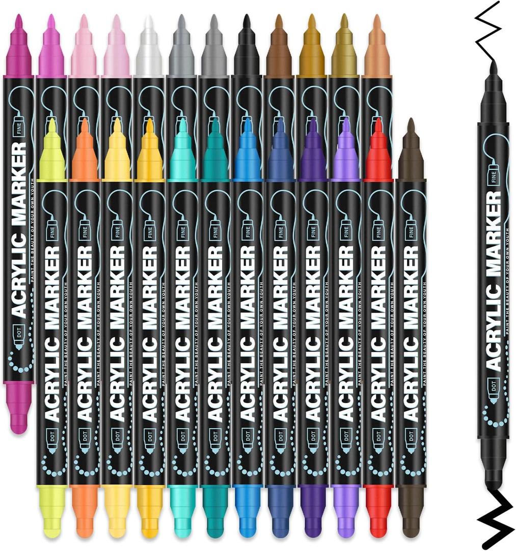 Acrylic Paint Markers, 24 Colors Acrylic Markers Set, Dual Tip Fine & Dot Point Acrylic Paint Pens for Rocks, Wood, Canvas, Stone, Glass, Ceramic, Fabric, Crafts, Rock Painting, Drawing & Art Supplies