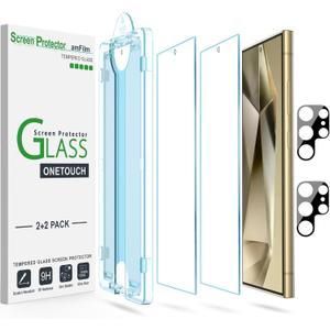 amFilm Auto-Alignment OneTouch for Samsung Galaxy S24 Ultra 6.8'' Screen Protector + Camera Lens Protector, Tempered Glass, 30 seconds Installation, Bubble Free, Anti-Scratch [2+2 Pack] (S24U-6.8")