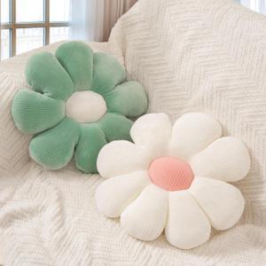 2 Pcs Sage Green Throw Pillow Decorative Flower Pillows for Girls Room Decor, 15" Cute Aesthetic Flower Daisy Shaped Throw Pillows for Bedroom Bed Couch Chair Classroom (White+Green, 15.35 Inch)