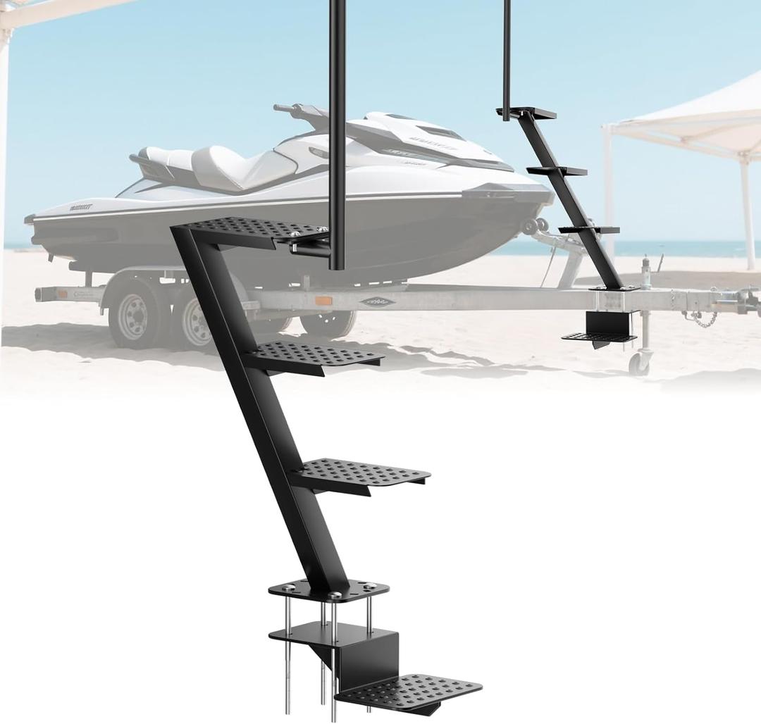 Boat Trailer Tongue 4 Steps Heavy Duty, Non-Slip Boat Trailer Step Ladder with Safety Grab Handle 500 lbs Capacity