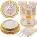 Ziliny 350 Pcs Ivory and Gold Foil Plates and Napkins, 50 Guest Spring Party Supplies Include Gold Foil Scalloped Paper Plates Napkins Cups Plastic Spoons Forks Knives for Birthday Baby Shower