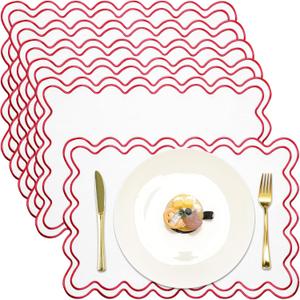 Set of 6 Cotton Linen Placemats, 13x19 Inch Scalloped Wavy Embroidery Placemat Double Layered Washable Rustic Rectangle Dinner Table Mats for Wedding Home Decor(White with Red)