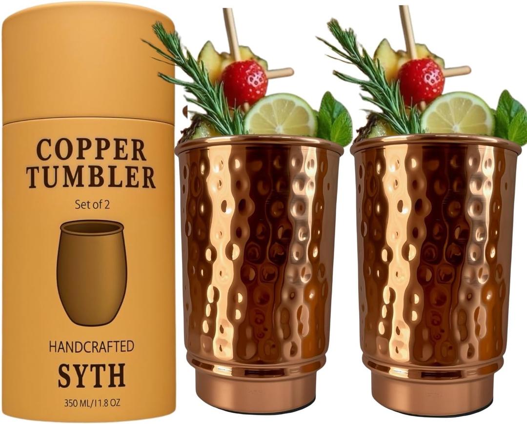 Luxury Heavy Duty100% Pure Copper Tumblers Set of 2 |BPA Free| Lacquer Free Copper Tumbler| Handcrafted Hammered Ayurvedic Glasses | 350 Ml/11.8 OZ Water Cups for Health, Detox | Gift Box Incuded